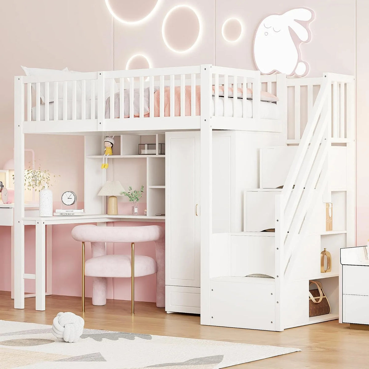 Kinderbett: für Kinder, mit Stauraum, mit Treppe, mit Schreibtisch und Computertisch, 90 × 200cm, weiß