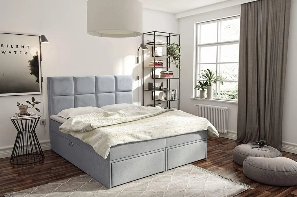Polsterbett und gepolstertes Bettgestell: mit Schubladen, mit Bettkasten, 160 × 200 cm, grau