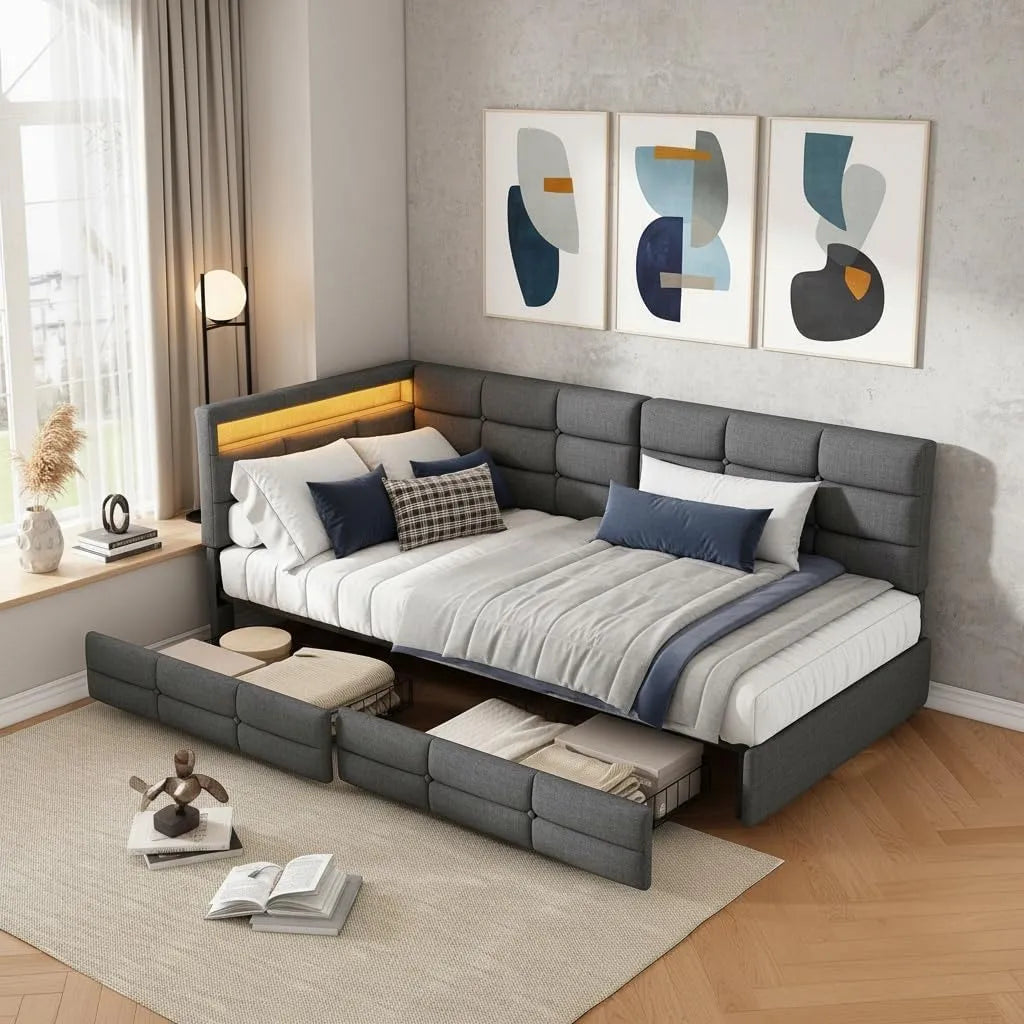 Polsterbett und gepolstertes Bettgestell: mit Stauraum, mit Schubladen, mit Lattenrost, 2 Schubladen, 90×200cm, 90 × 200cm, grau