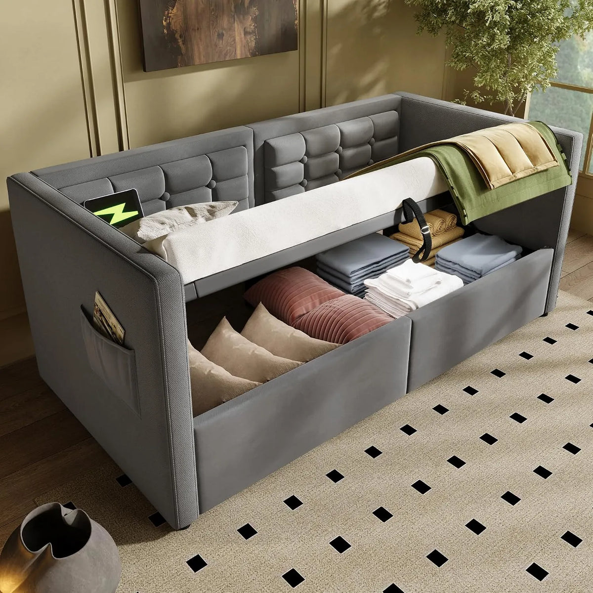 Schlafsofa und Sofabett – mit Stauraum, mit USB-Anschluss, mit Samtbezug, mit Lattenrost, 90 × 200 cm, grau
