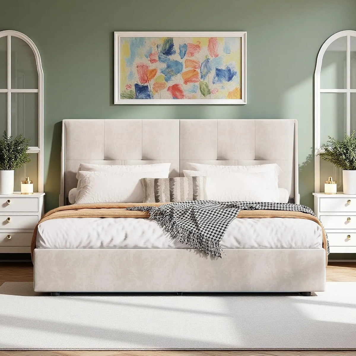 Polsterbett und gepolstertes Bettgestell – mit Stauraum, mit Bettkasten, mit USB-Anschluss, mit Samtbezug, 140 × 200cm, beige, mit LED-Beleuchtung