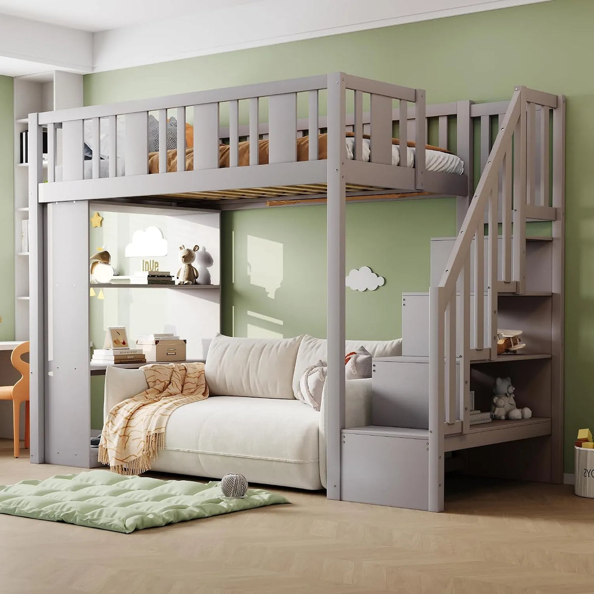 Kinderbett — mit Stauraum, mit Treppe, 90 × 200 cm, grau