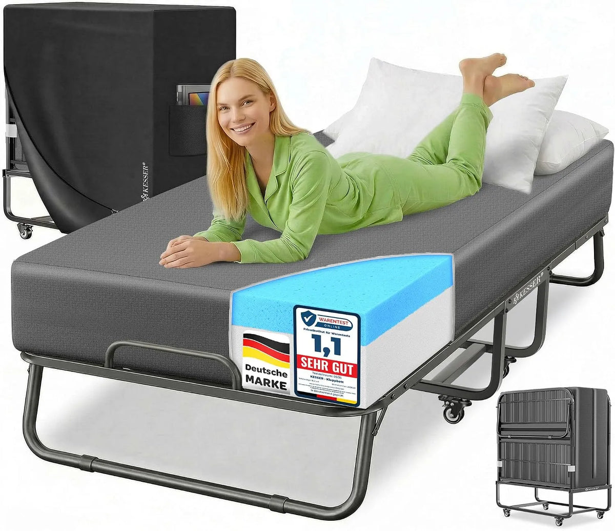 Matratze – Schaumstoffpolsterung, klappbar, mit Rollen, 200 × 90cm, 250kg, aus Metall