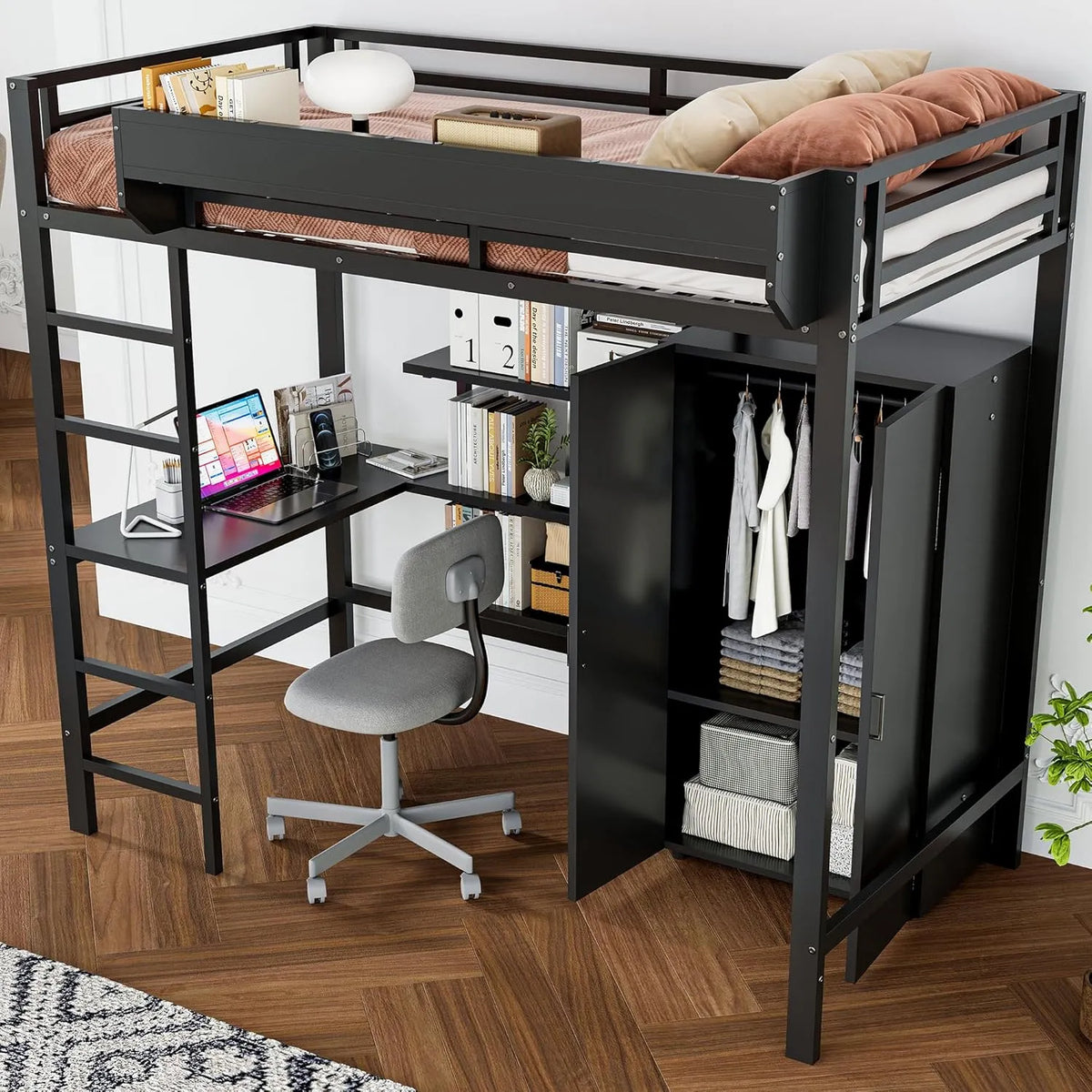 Etagenbett und Hochbett — mit Schreibtisch, mit Kleiderschrank, mit Rausfallschutz, mit Lattenrost, 90 × 200cm, schwarz, aus Metall
