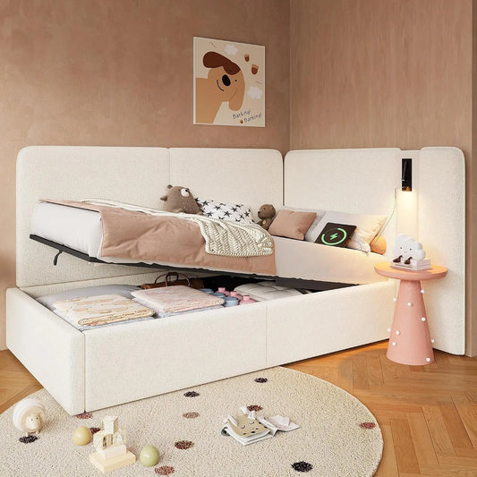 Polsterbett und gepolstertes Bettgestell – mit Stauraum, mit USB-Anschluss, mit Lattenrost, hydraulischer Mechanismus, 90 × 200 cm, beige