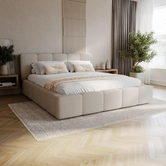 Polsterbett und gepolstertes Bettgestell — mit Stoffbezug, mit Bettkasten, mit Lattenrost, 200 × 200, beige