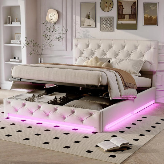 Polsterbett und gepolstertes Bettgestell – mit Stauraum, mit Bettkasten, höhenverstellbar, 140 × 200cm, beige, mit LED-Beleuchtung