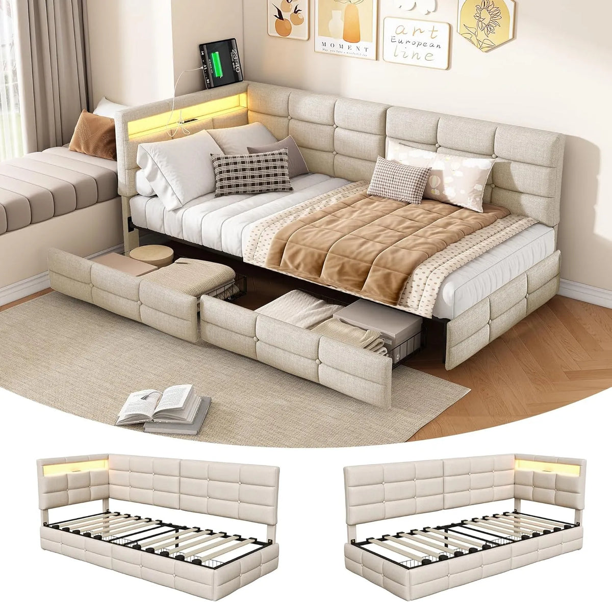 Polsterbett und gepolstertes Bettgestell – mit Stauraum, mit Schubladen, mit USB-Anschluss, mit Lattenrost, 90 × 200, 90 × 200 cm, beige