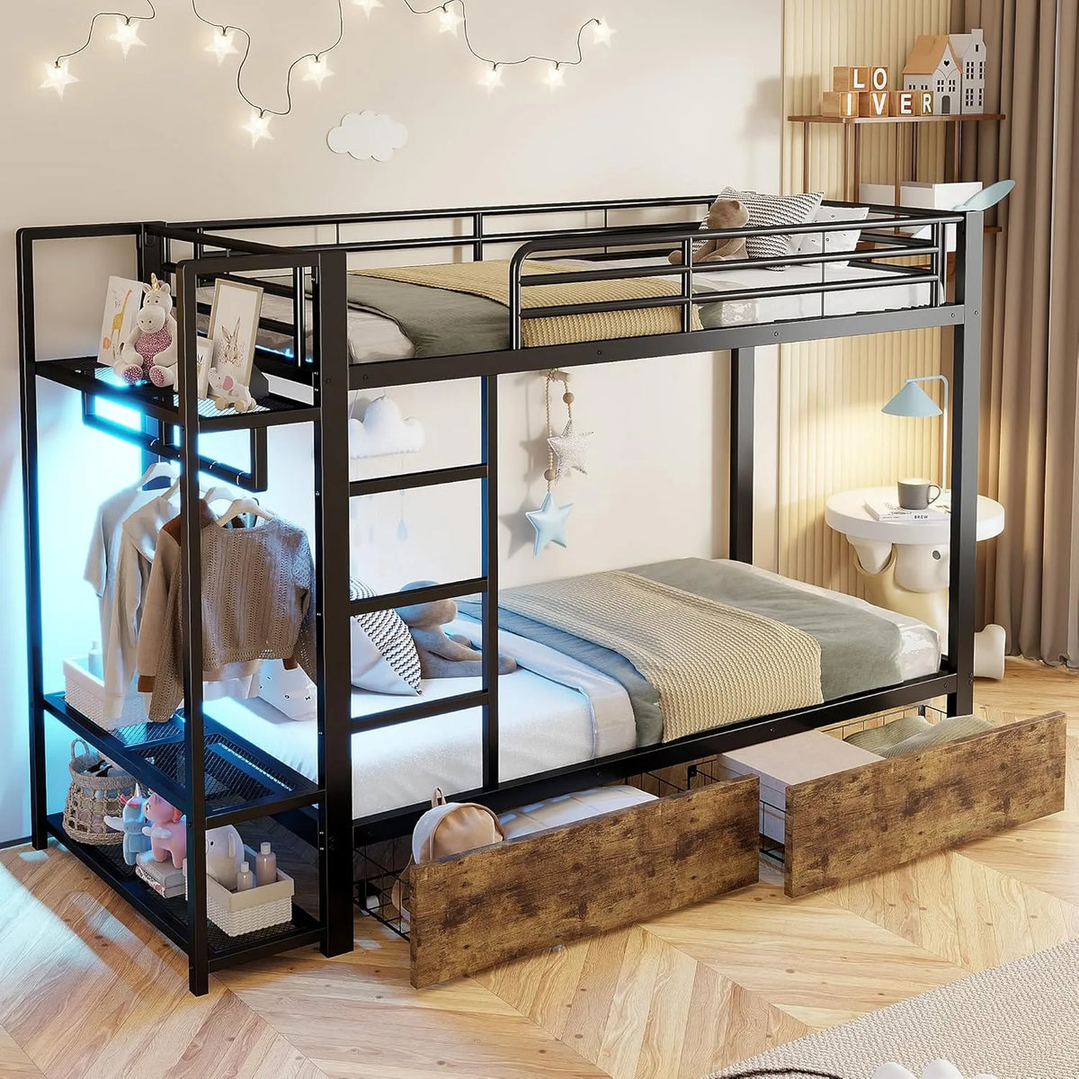 Kinderbett – mit Schubladen, mit Kleiderstange, LED-Anzeige, 2 Schubladen, 90 × 200 cm, schwarz