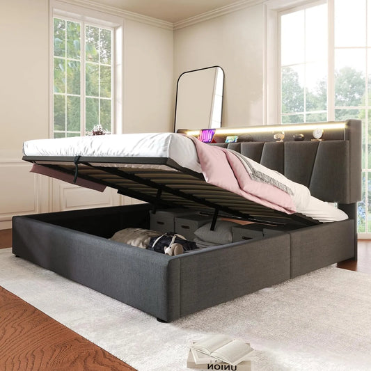 Polsterbett und gepolstertes Bettgestell: mit Stauraum, mit Bettkasten, mit USB-Anschluss, mit Lattenrost, 140 × 200cm, grau, mit LED-Beleuchtung