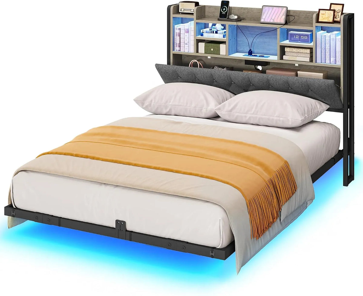 Bettgestell und Bettrahmen – mit Stoffbezug, mit USB-Anschluss, LED-Anzeige, 140 × 200CM, grau, aus Metall