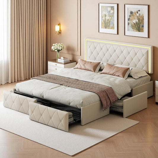 Polsterbett und gepolstertes Bettgestell — mit Stauraum, mit Schubladen, mit Lattenrost, LED-Anzeige, 4 Schubladen, 140 × 200 cm, beige