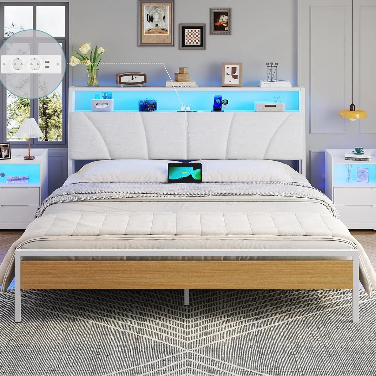 Bettgestell und Bettrahmen: aus Metall, mit USB-Anschluss, mit Lattenrost, LED-Anzeige, 160 × 200, 160 × 200 cm, 160 × 200cm