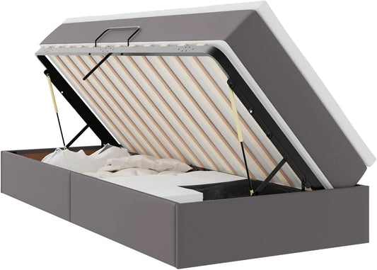 Polsterbett und gepolstertes Bettgestell – Einzelbett, aus PU-Leder, mit Stauraum, mit Bettkasten, mit Lattenrost, 90 × 200 cm, grau