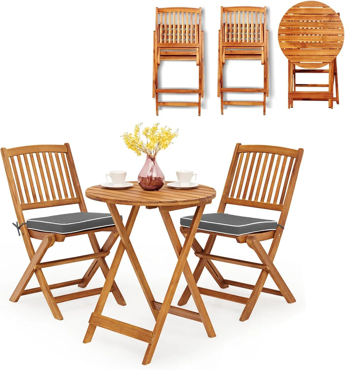 Gartenmöbel-Set und Lounge-Set — TLG, aus Holz, mit Kissen, klappbar, 1er-Set, 3 TLG, grau