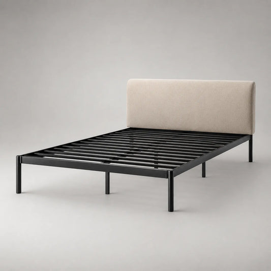 Bett aus Metall mit Polyester-Kopfteil, 200x100 cm, Schwarz und Beige