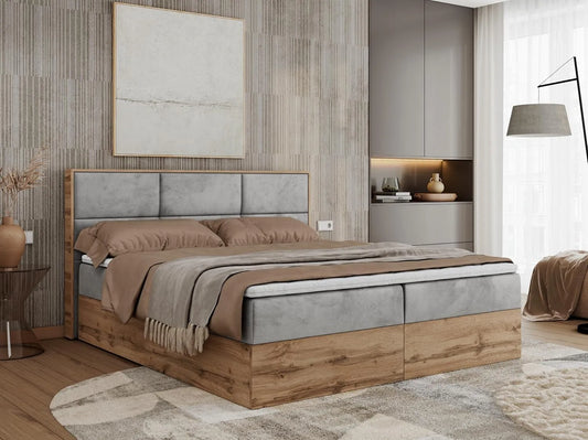 Polsterbett und gepolstertes Bettgestell – MEBLE, mit Bettkasten, mit Samtbezug, 200 × 200 cm, 2 × 7, grau, MKS T25