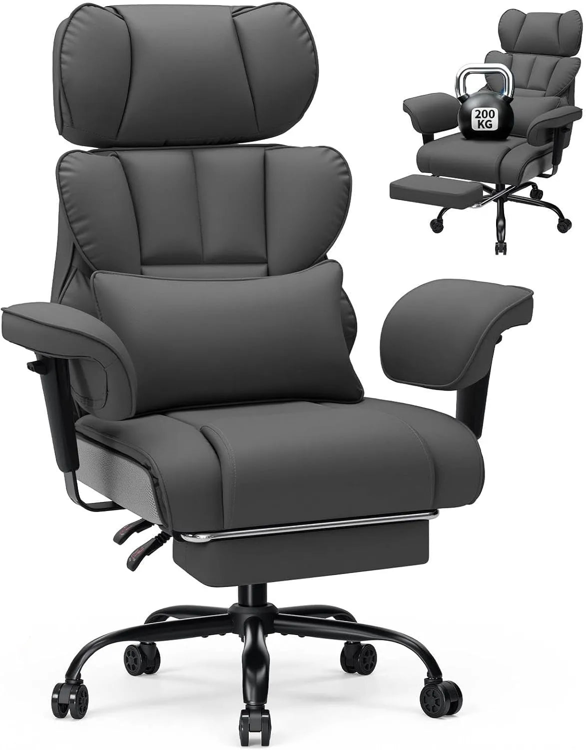 Bürostuhl: aus PU-Leder, mit Armlehnen, mit Rückenlehne, verstellbar, 200kg, grau