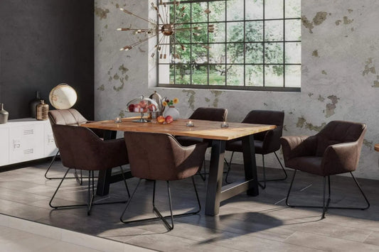 Essgruppe – 7tlg, 140 × 80 cm, schwarz, aus Metall, mit Lederbezug