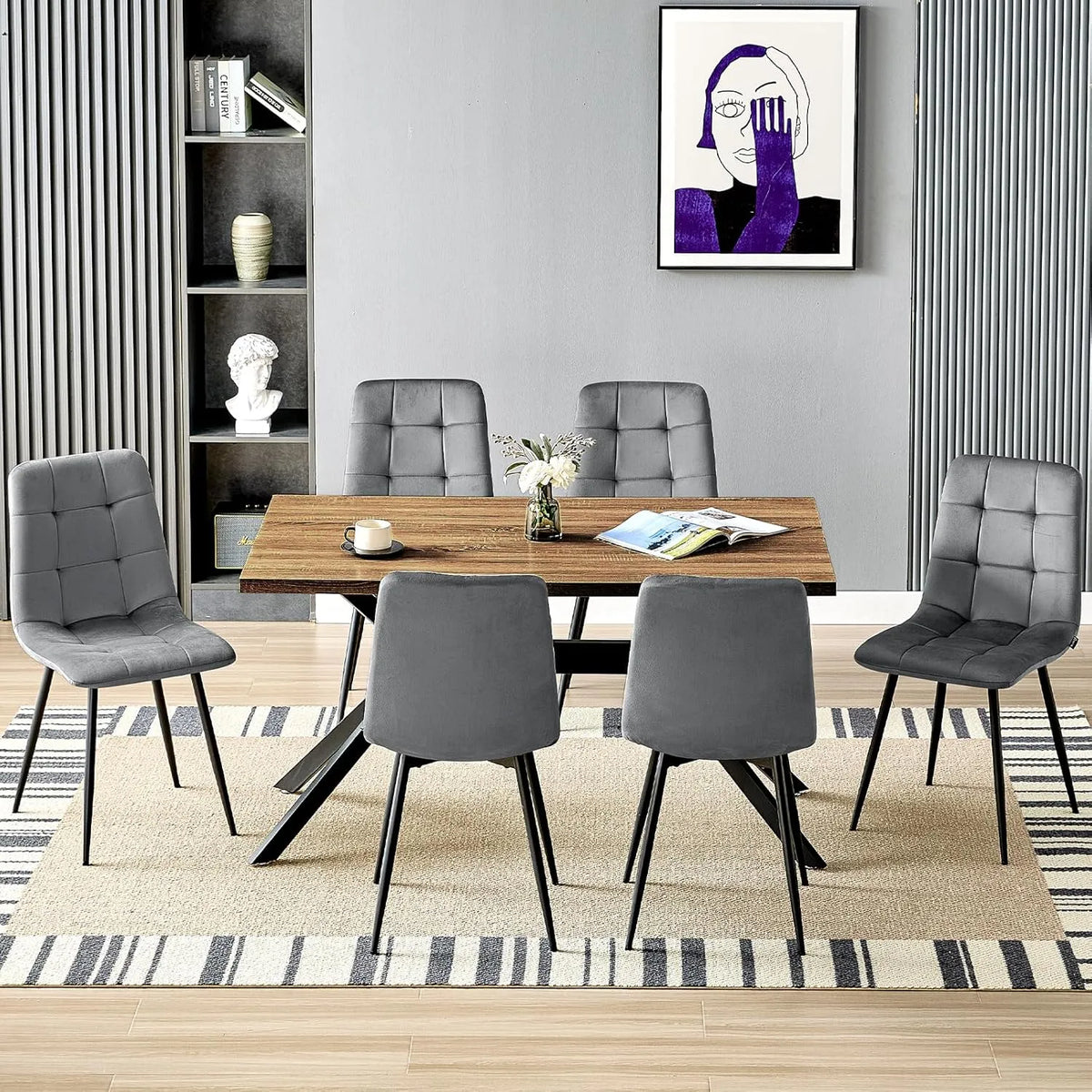 Essgruppe – aus Holz, 4er Set, 140 × 80 × 76cm, grau, mit Samtbezug