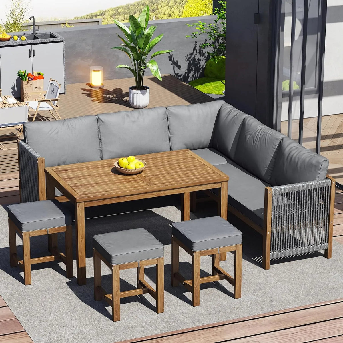 Ecksofa und Wohnlandschaft — mit Kissen, 7-teiliges, grau