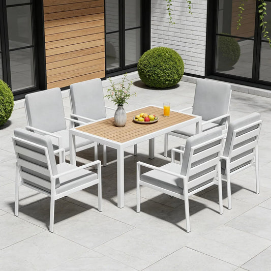 Essgruppe – WPC, aus Metall, mit Kissen, wetterfest, aus Aluminium, 7-teiliges, 140×80 cm