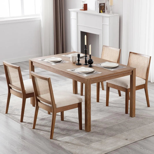 Esszimmerstuhl und Küchenstuhl: mit Rückenlehne, aus Massivholz, aus Polyrattan, im skandinavischen Stil, 4er Set, beige