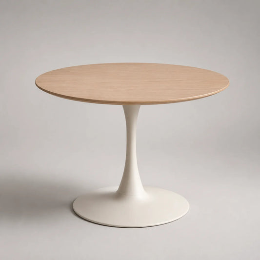 Runder Tisch aus Eichenfurnier mit Aluminiumfuß Durchmesser 100cm Beige/Weiß
