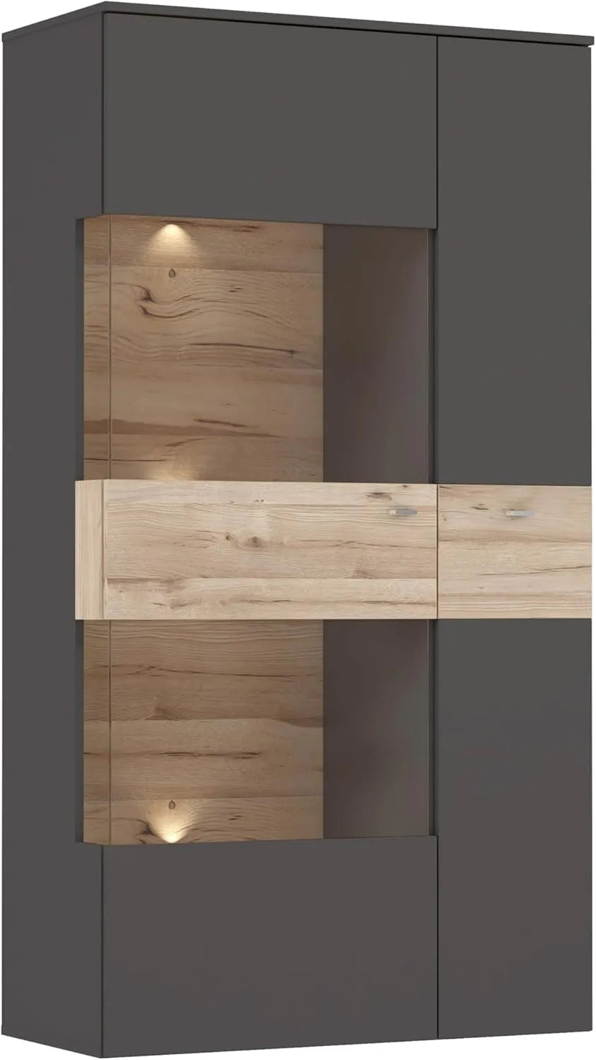 Vitrinenschrank und Glasvitrine: 2 Türen, 90, 1 cm, 168, 1 cm, 41, 3 cm, grau, mit Stoffbezug