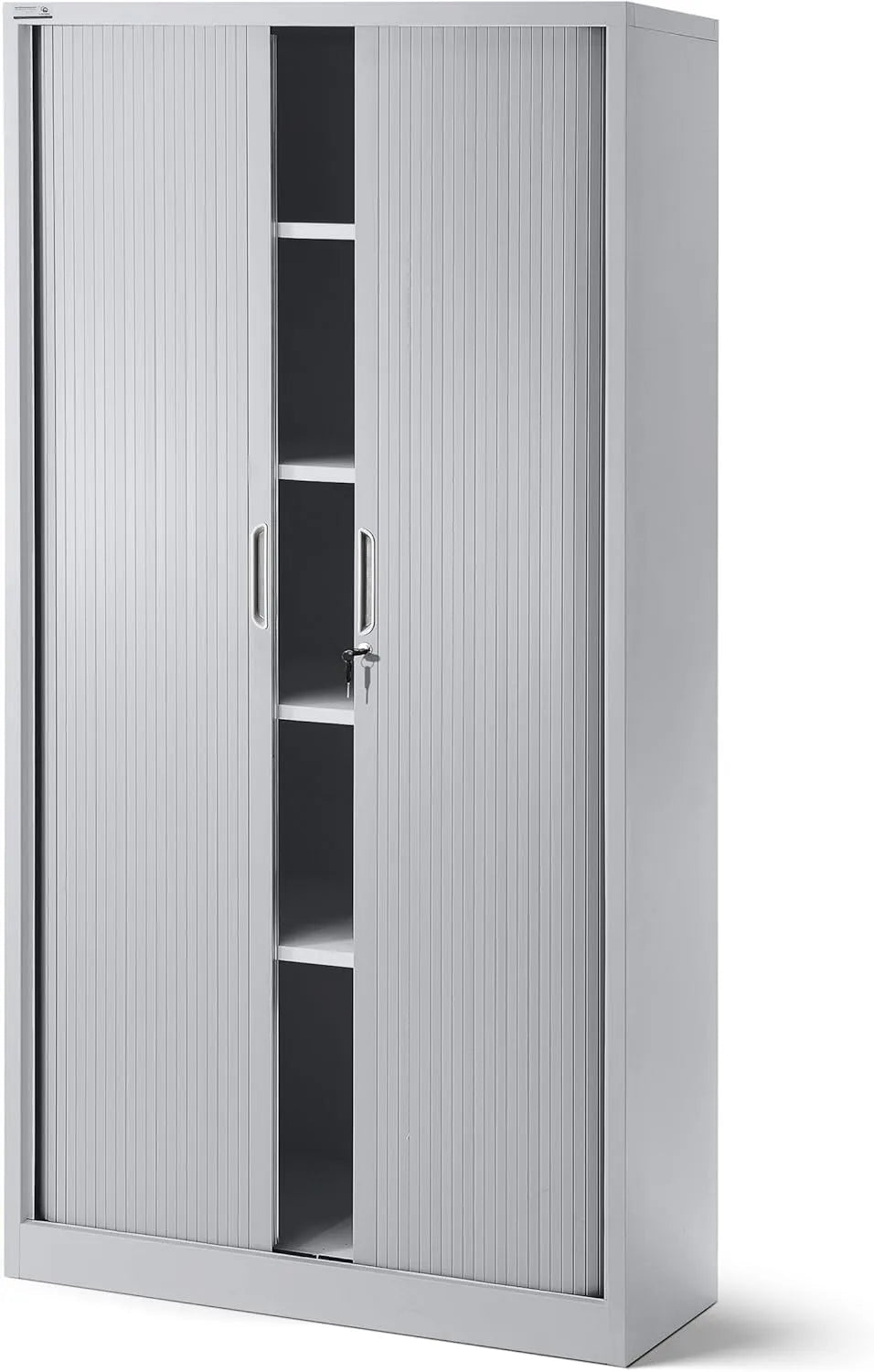 Rollladenschrank und Aktenschrank — aus Metall, mit Einlegeböden, 4 Einlegeböden, 185 cm, 90 cm, 45 cm, grau