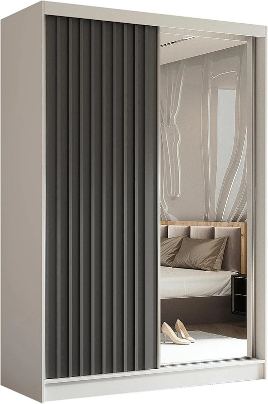 Kleiderschrank und Garderobenschrank — mit Kleiderstange, mit Spiegel, 150 cm, grau