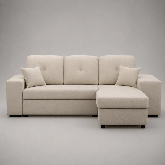 Ecksofa mit Ottomane in Holz und Polyesterstoff, Beige
