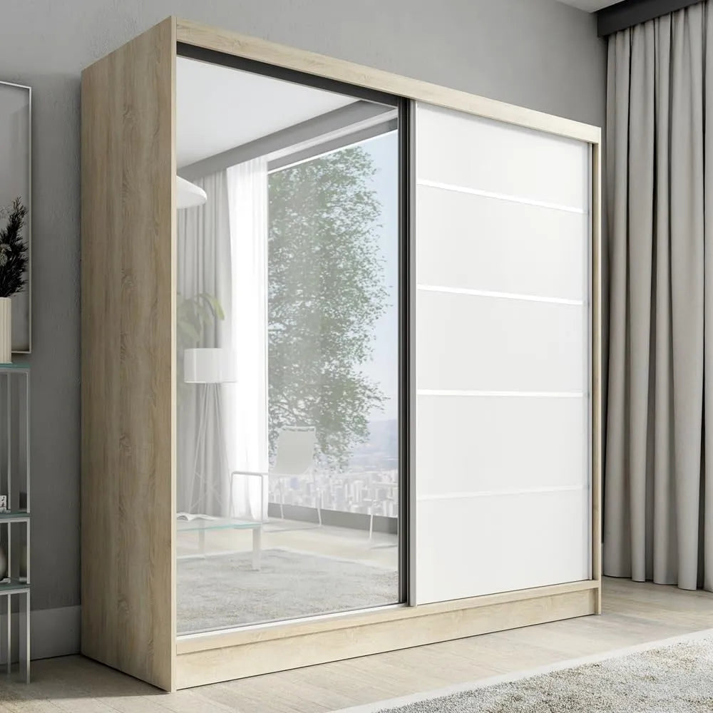 Kleiderschrank und Garderobenschrank — mit Schubladen, mit Spiegel, 2-türig, 200 cm, schwarz