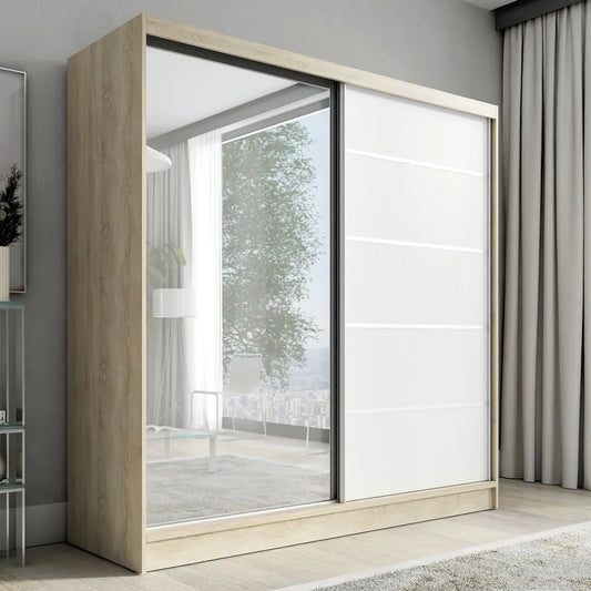 Kleiderschrank und Garderobenschrank — mit Schubladen, mit Spiegel, 2-türig, 200 cm, schwarz
