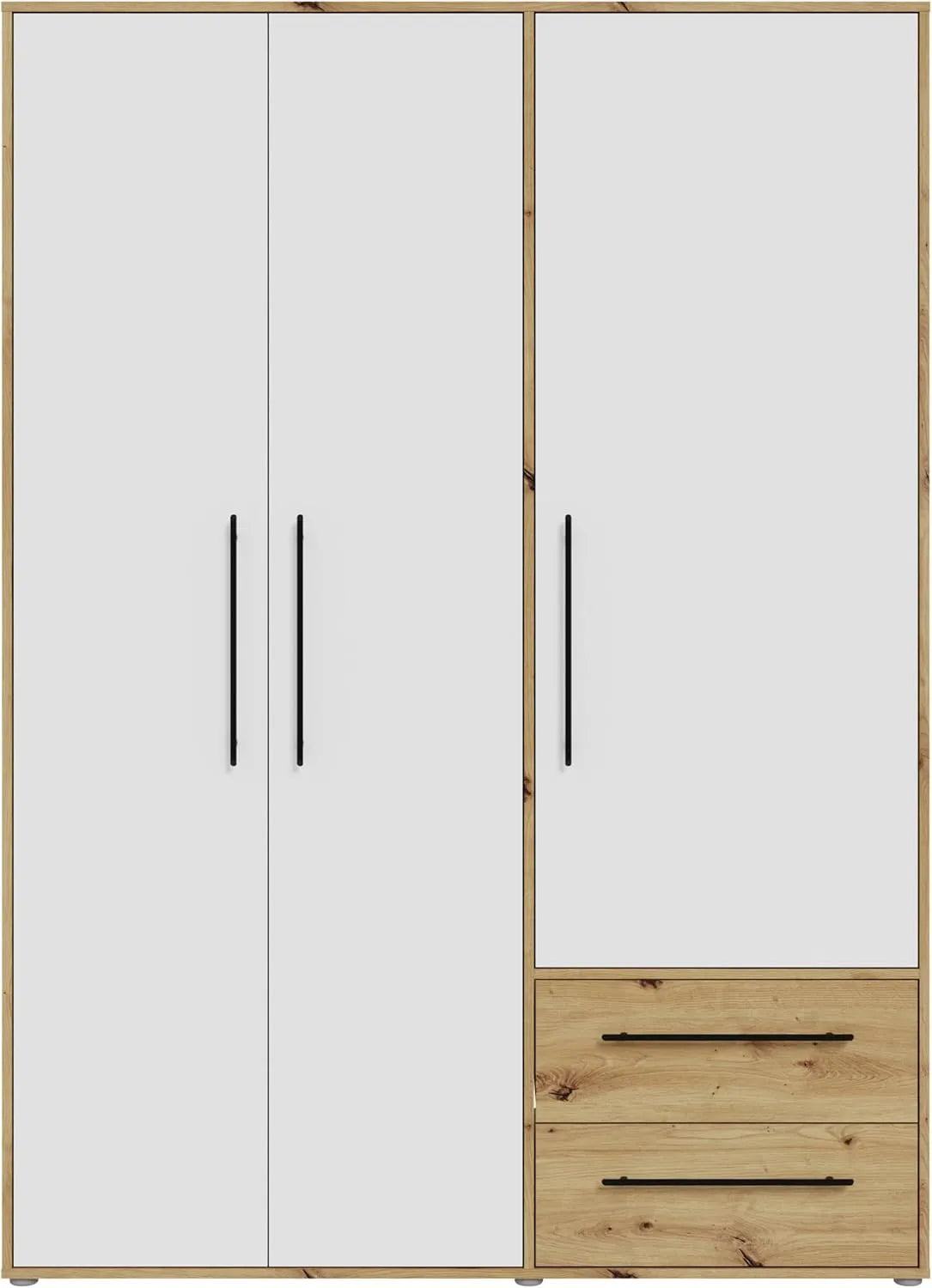 Kleiderschrank und Garderobenschrank — MOKKARIS, mit Schubladen, 3-türig, 2 Schubladen, 144, 4 cm, 200, 1 cm, weiß, mit Stoffbezug
