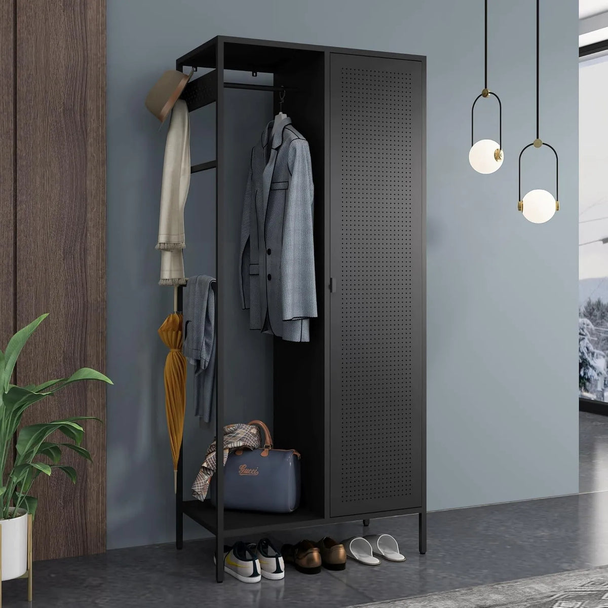 Metallschrank und Aufbewahrungsschrank — aus Metall, mit Kleiderstange, 180 × 80 × 45 cm, schwarz