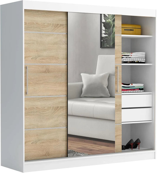 Kleiderschrank und Garderobenschrank — mit Schubladen, mit Spiegel, 200cm, weiß