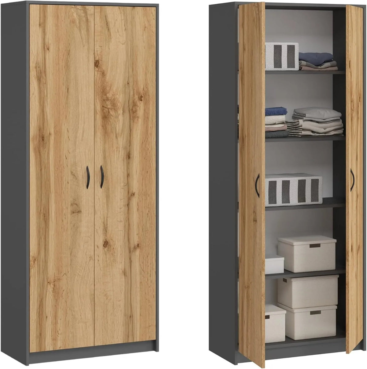 Kleiderschrank und Garderobenschrank — aus Holz, mit Einlegeböden, 74cm, 180cm, anthrazit
