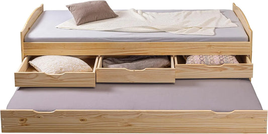 Kinderbett — mit Stauraum, mit Schubladen, aus Massivholz, mit Lattenrost, 90 × 200cm