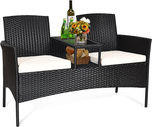 Gartenbank und Terrassenbank: mit Kissen, wetterfest, 2-Sitzer, 138×61×85cm, beige