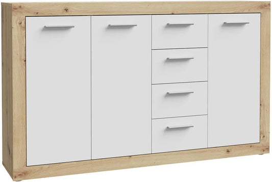 Sideboard und Anrichte — BACCIO, mit Schubladen, 3-türig, 4 Schubladen, 152, 6 cm, 91, 5 cm, weiß, mit Stoffbezug