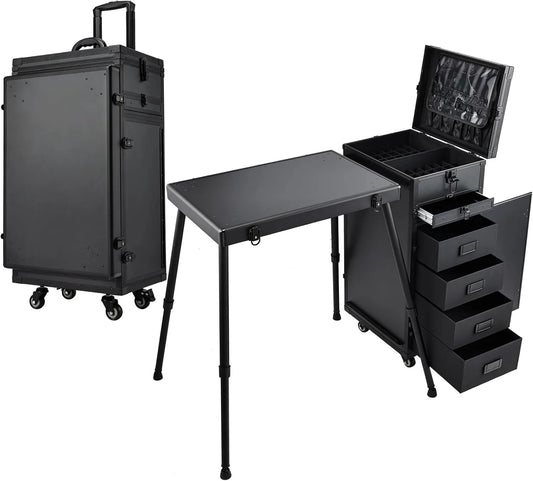 Kosmetik Trolley mit Tisch und 5 Schubladen Professioneller Nagelkoffer mit – mit Schubladen, mit Rollen, schwarz