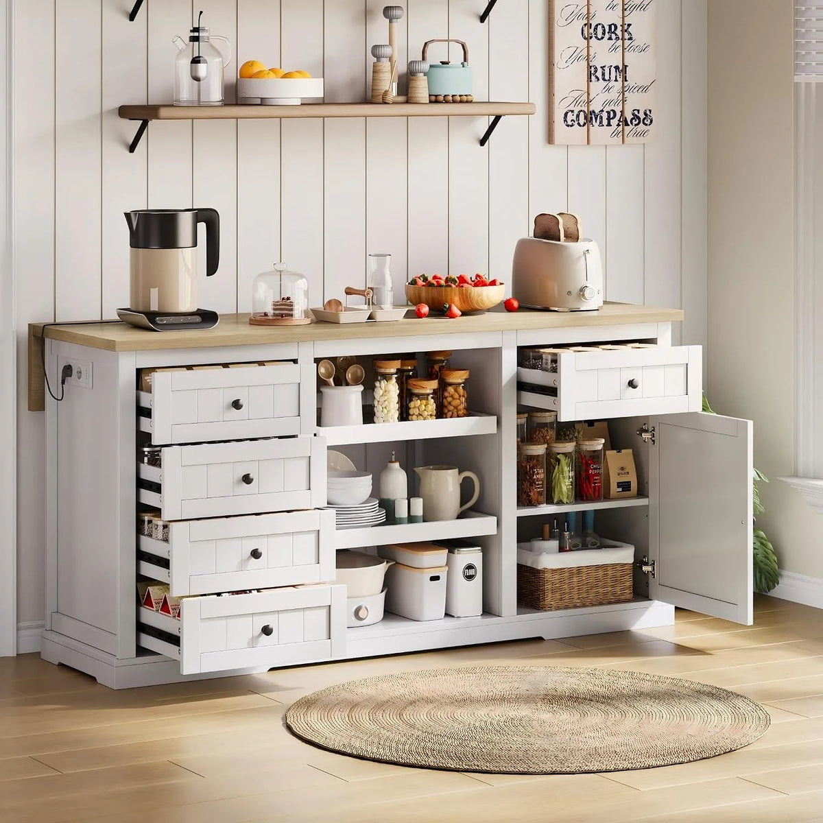 Sideboard und Anrichte: mit Schubladen, klappbar, 5 Schubladen, 150×65×75cm, weiß