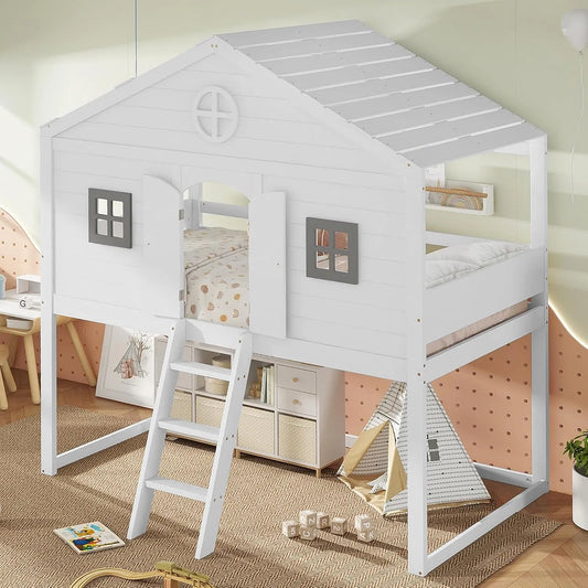 Kinderbett – mit Rausfallschutz, mit Leiter, mit Lattenrost, 90 × 200cm, weiß