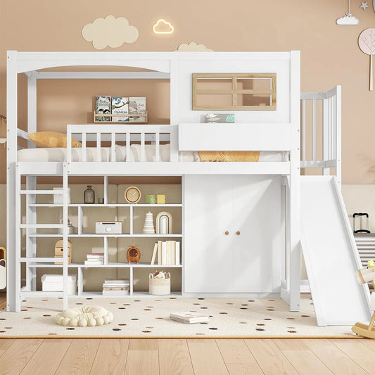 Kinderbett: MDF, mit Stauraum, mit Rutsche, mit Kleiderschrank und Garderobenschrank, mit Leiter, 90 × 200 cm, weiß
