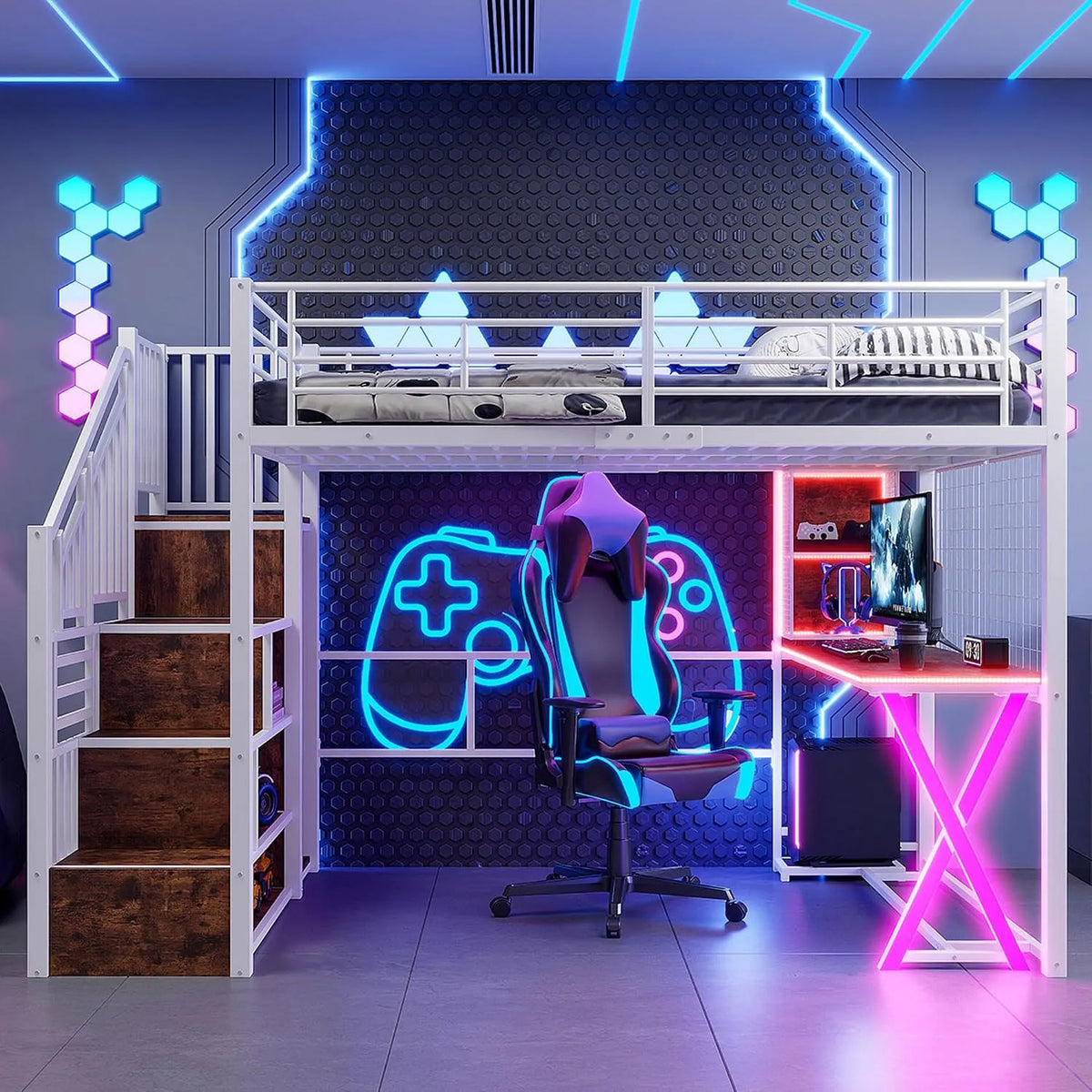Etagenbett und Hochbett: mit Treppe, mit Schreibtisch, mit Kleiderschrank, mit Lattenrost, 140 × 200 cm, weiß, mit LED-Beleuchtung, aus Metall