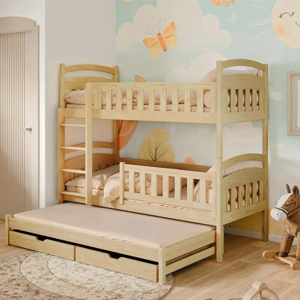 Kinderbett — für Kinder, mit Schubladen, mit Rausfallschutz, mit Lattenrost, 90 × 200