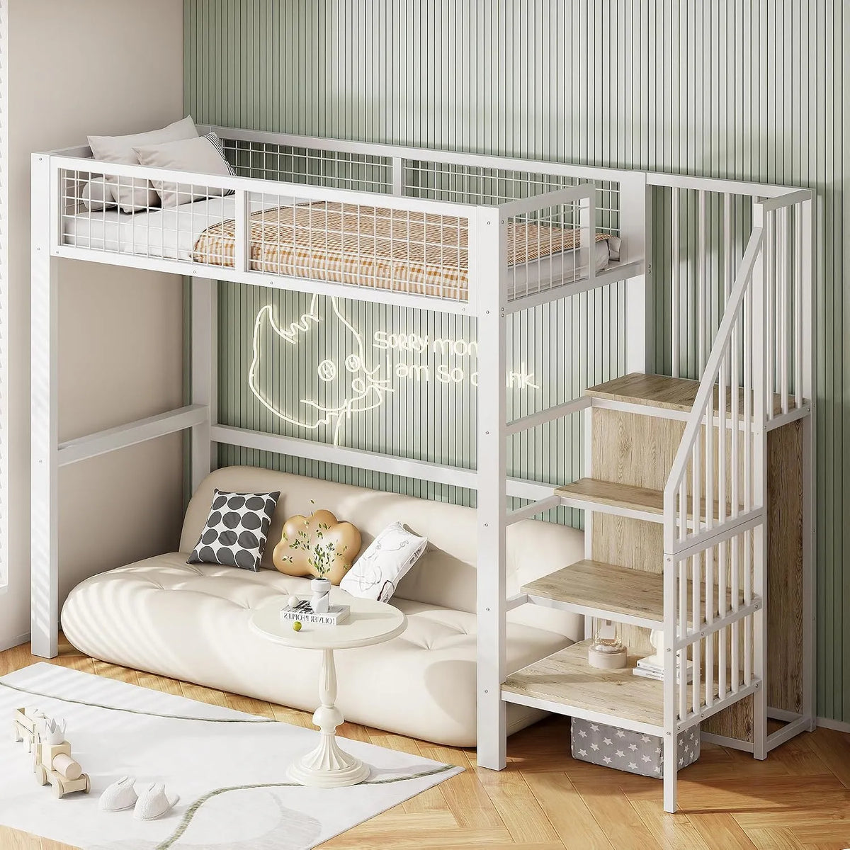 Etagenbett und Hochbett: aus Metall, mit Treppe, mit Kleiderschrank, 90 × 200 cm, weiß