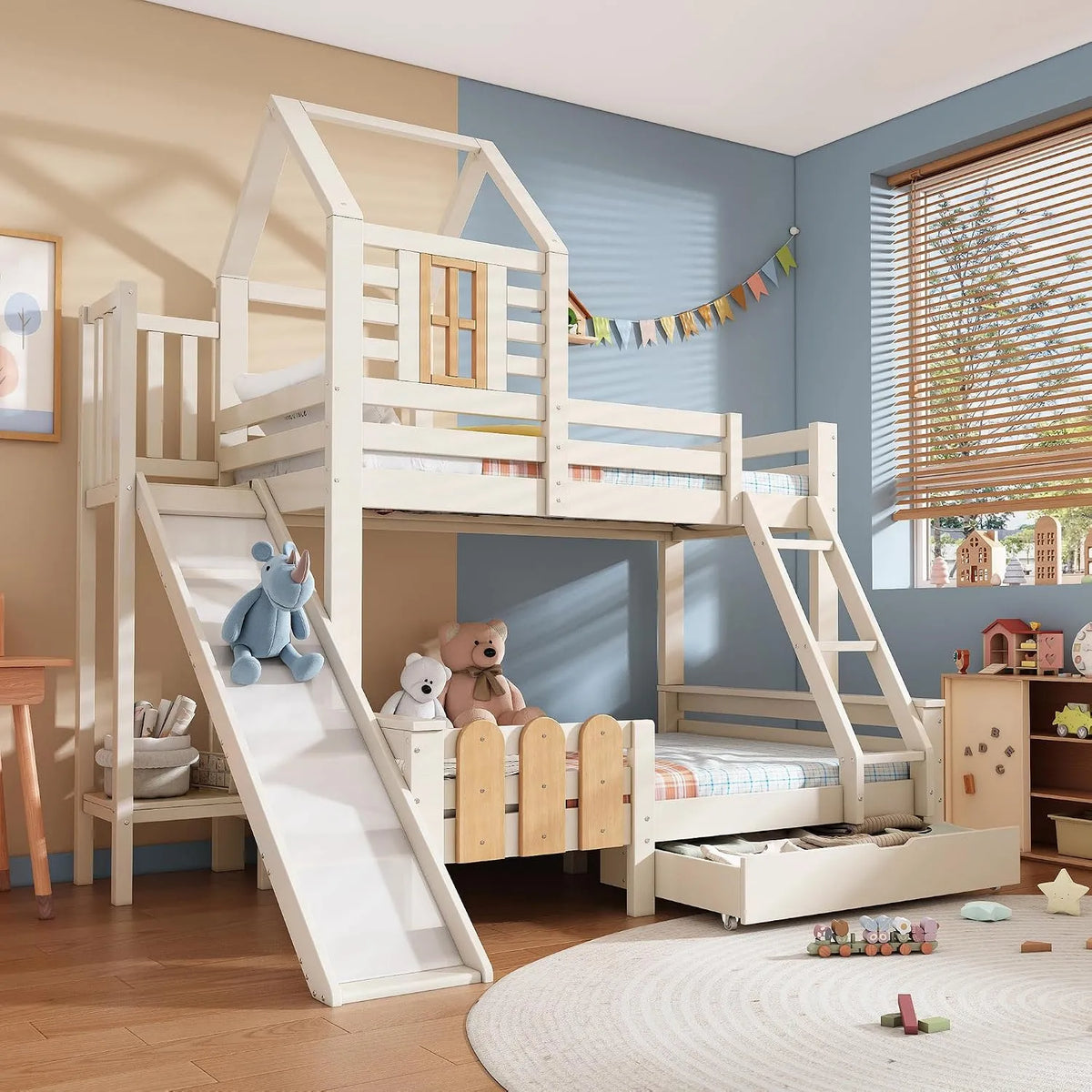 Kinderbett – mit Stauraum, mit Schubladen, mit Rutsche, mit Rausfallschutz, 90 × 200, 140 × 200 cm, weiß