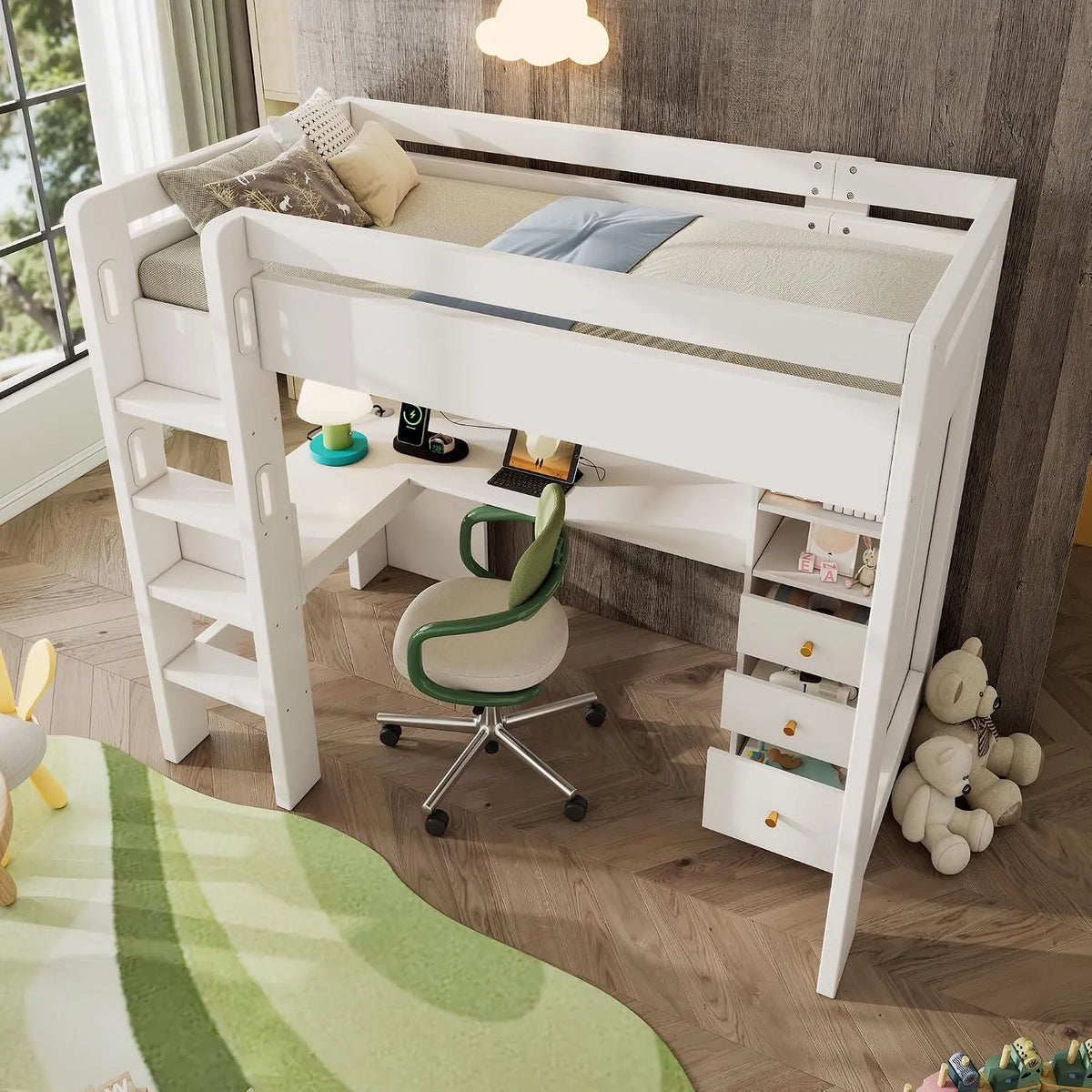 Kinderbett — USB-C, aus Holz, mit Stauraum, mit Schubladen, mit Schreibtisch und Computertisch, 90×200 cm, weiß